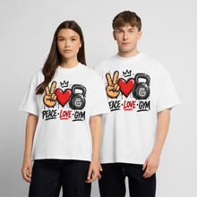 Charger l'image dans la galerie, T-shirt Musculation – Peace Love Gym | Humour Fitness et Kettlebell - blanc