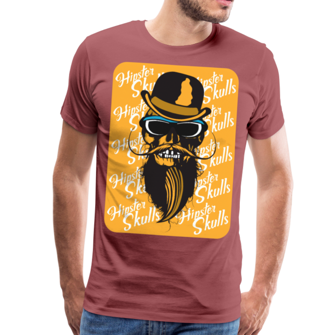 Homme T-Shirt Tête de mort crâne hipster skull à barbe et moustache chapeau melon - washed burgundy (6587779940531)