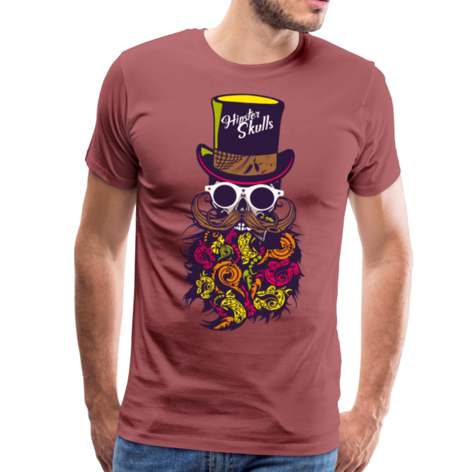 Homme T-Shirt crâne hipster skull Tête de mort barbu moustache et barbe chapeau multicolore - washed burgundy (6590330896563)