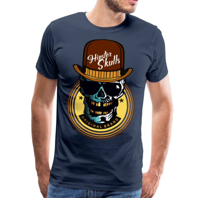 Homme T-Shirt Tête de mort chapeau melon logo hipster skull crâne break teeth - navy (6610884788403)