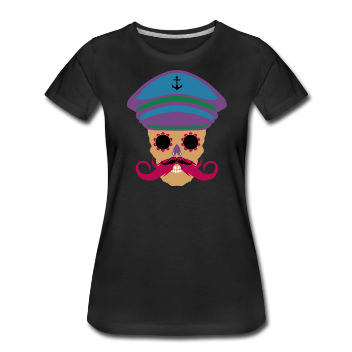 Femme T-Shirt Tête de mort hipster skull à moustache crâne kepi encre - black (6628084285619)