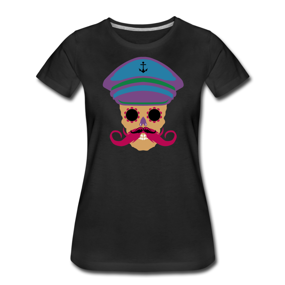 Femme T-Shirt Tête de mort hipster skull à moustache crâne kepi encre - black (6628084285619)