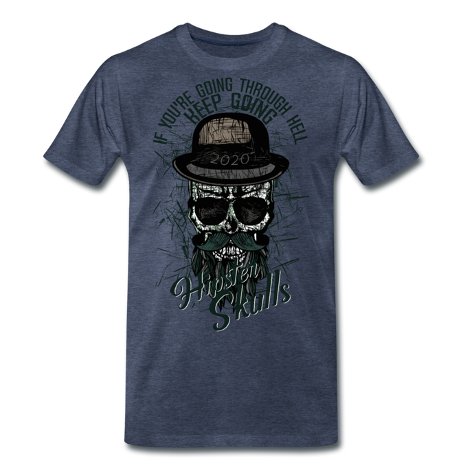 Homme T-Shirt hipster skull Tête de mort crâne à barbe keep going 2020 - bleu chiné (6733284278451)