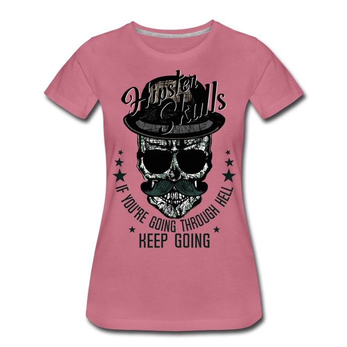 Femme T-Shirt hipster skull Tête de mort crâne moustache chapeau melon keep - mauve