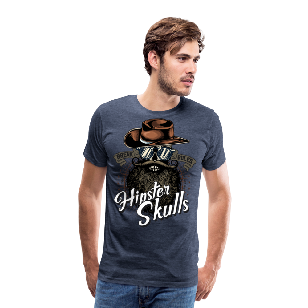 Homme T-Shirt tete de mort western cowboy hipster skull crane chapeau barbu moustachu break rules 2 - bleu chiné