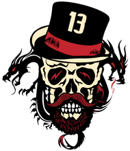 Charger l'image dans la galerie, Femme T-Shirt Tête de mort hipster skull barbu et moustachu avec dragon tribal chapeau numero 13
